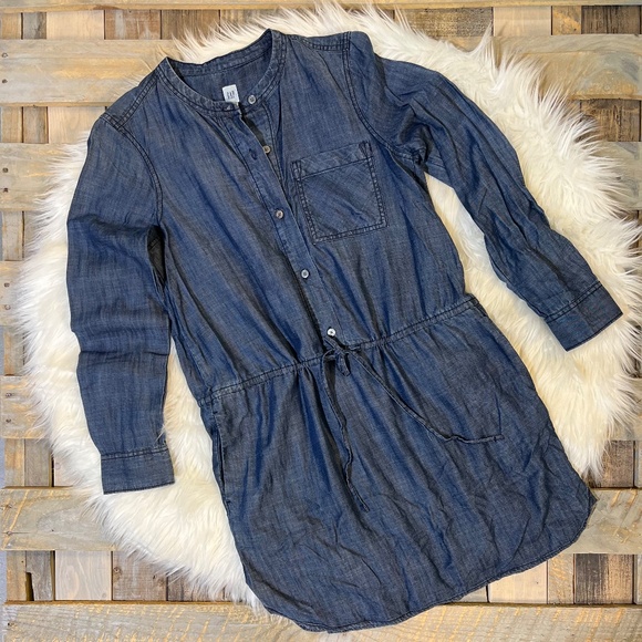 Chambray [GAP] 1/2 Button Down Mini Dress | NWT Blue Jean + Pockets | Small - Picture 3 of 16